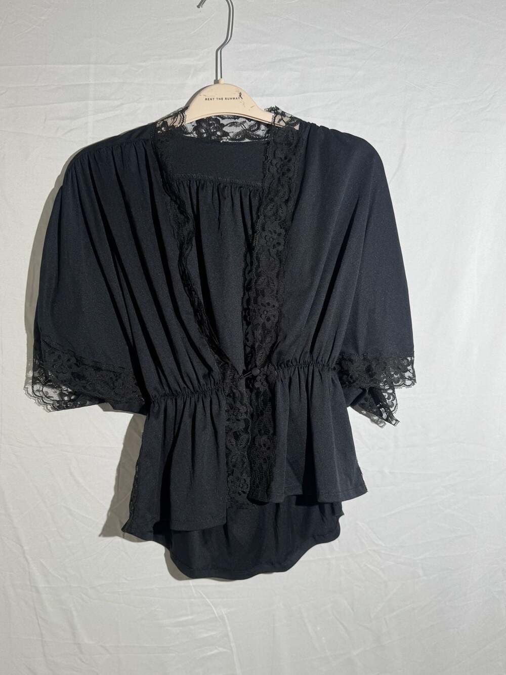 Sohang Black Lace Trim Peplum Top Womens Short Sleeve Cinch Waist